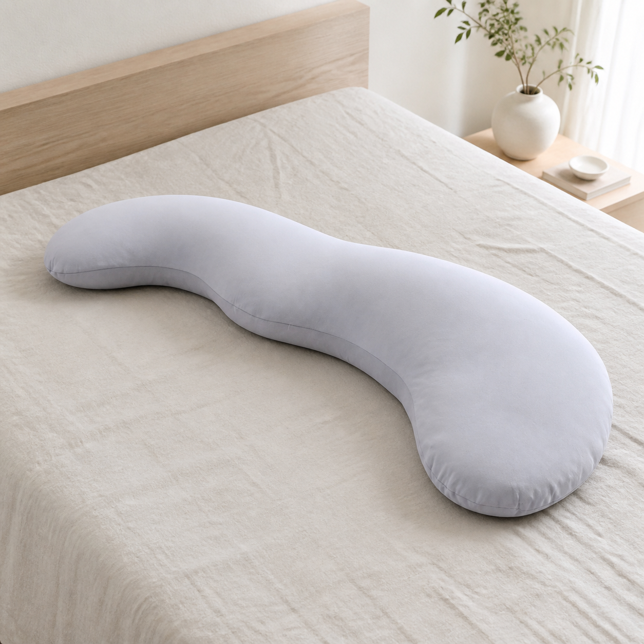 Mist Grey Pea Pod body pillow on a bed