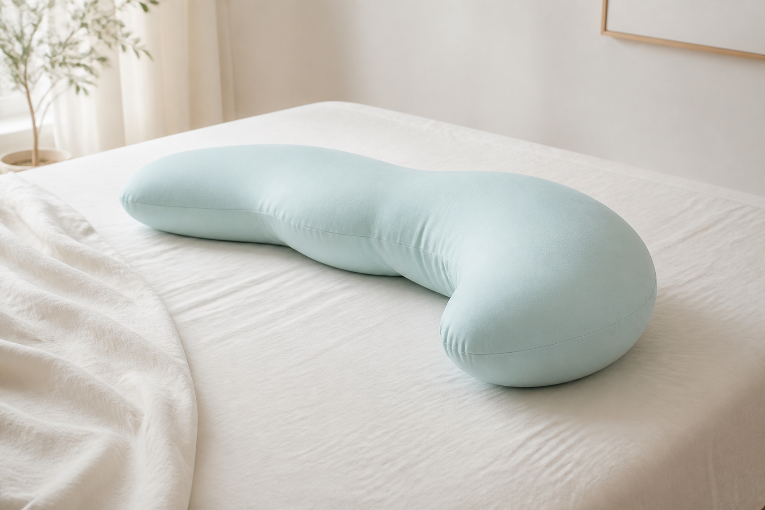 Asymmetric pea-pod body pillow on a calm bed