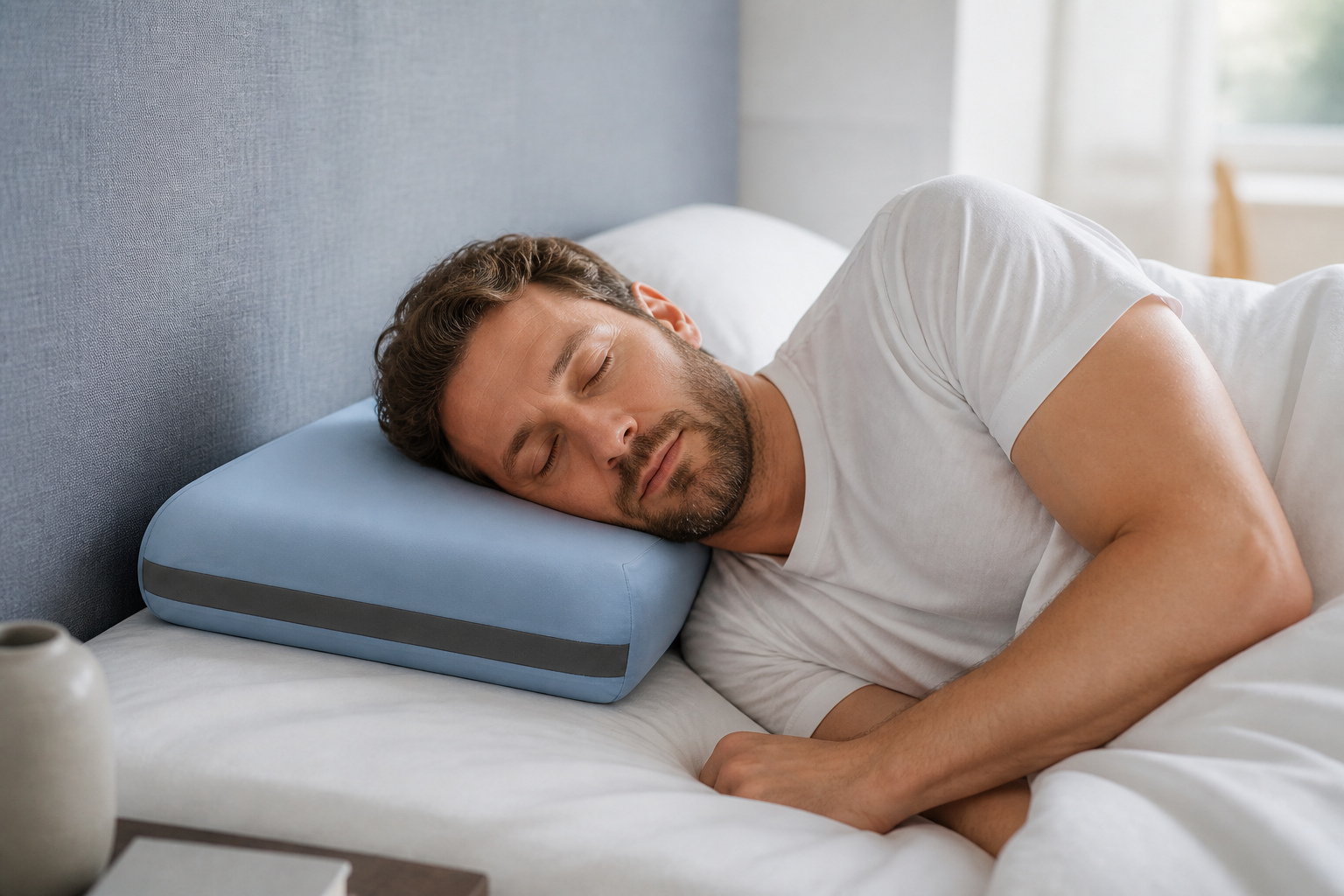 Man side sleeping on the MAX 6.0 memory foam pillow