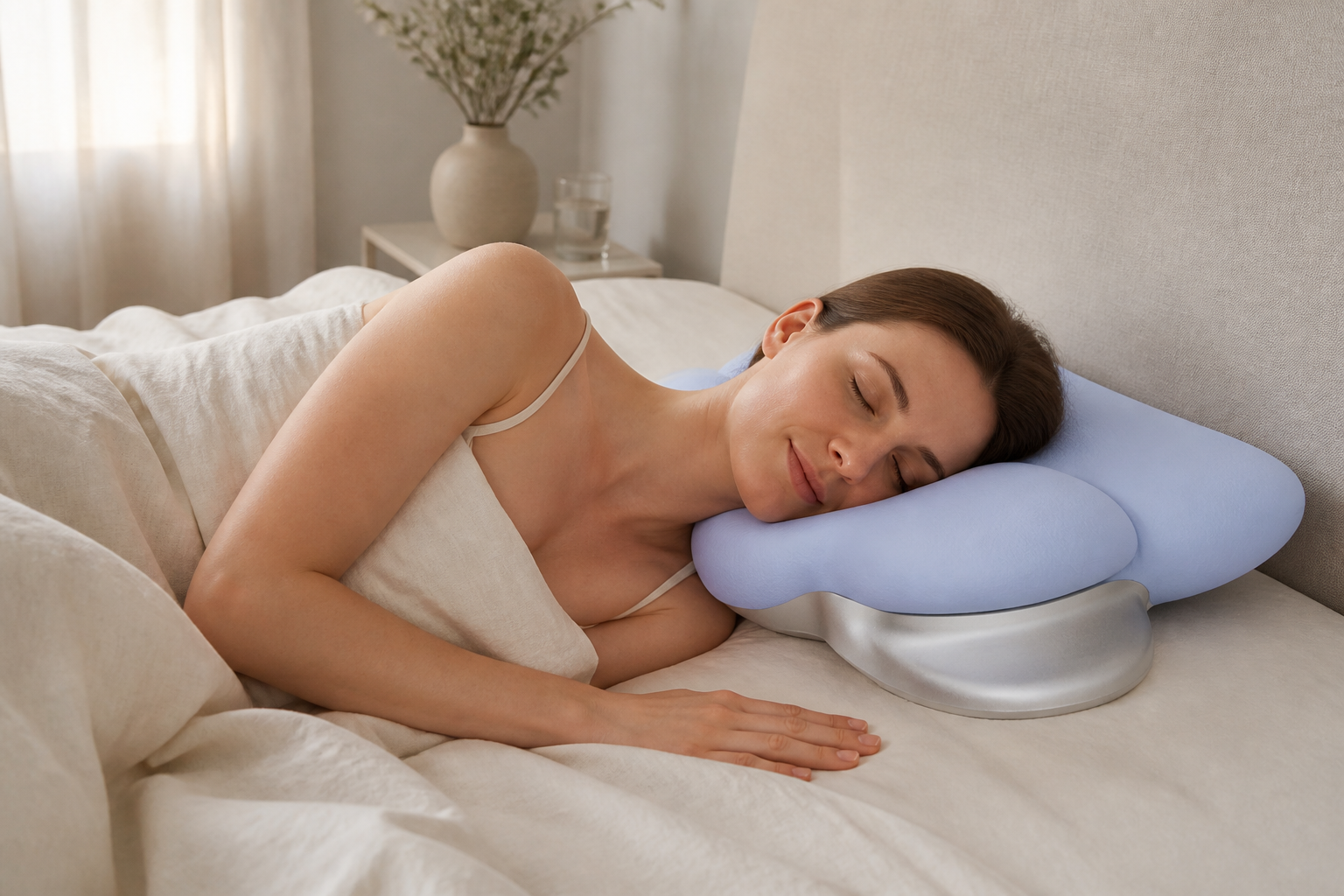 Adult woman side sleeping on the OmniCradle 3.0 pillow