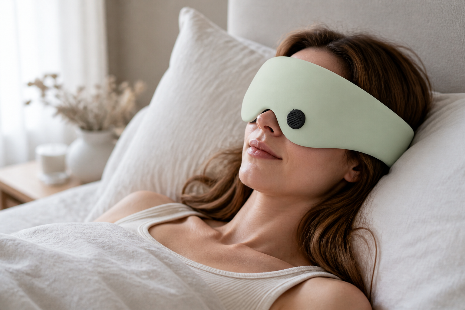 Woman resting while wearing the botanical sage aromatherapy eye mask