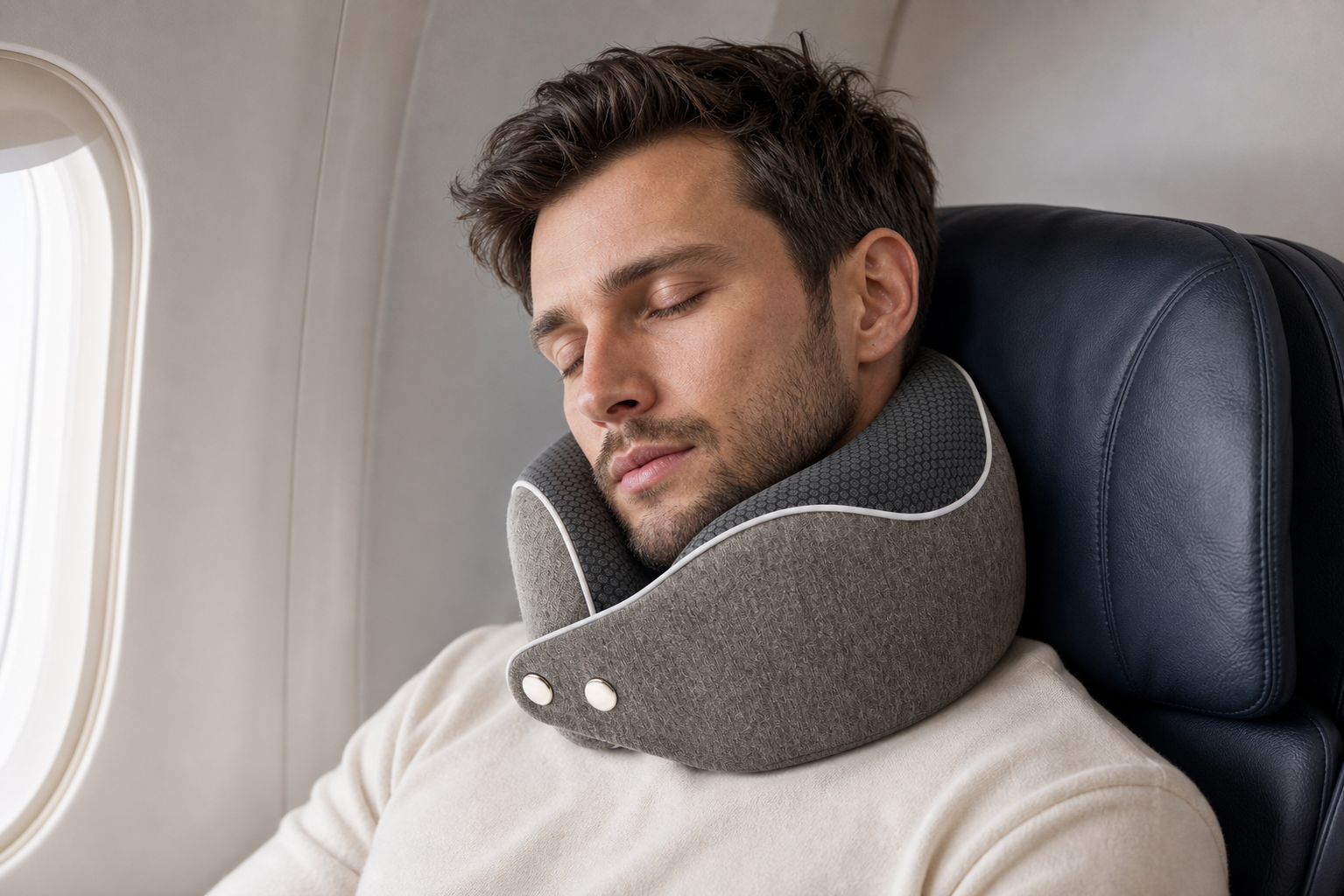 Traveler resting on an airplane while wearing the gray 360 Travel Neck Pillow