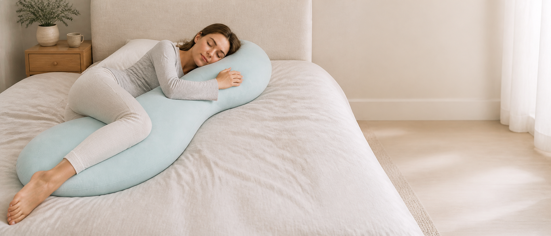Woman side sleeping while embracing the pale aqua Pea Pod Body Pillow