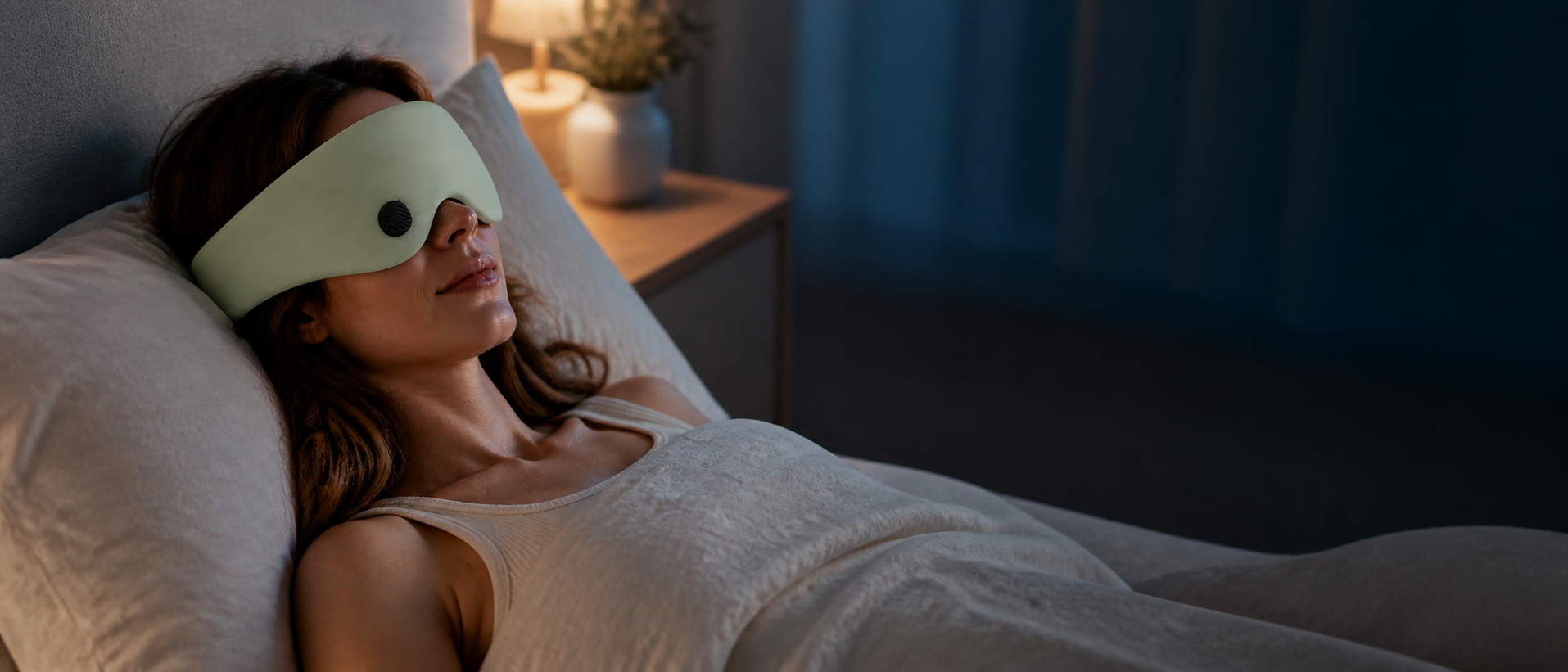 Woman resting at blue hour in the botanical sage aromatherapy eye mask