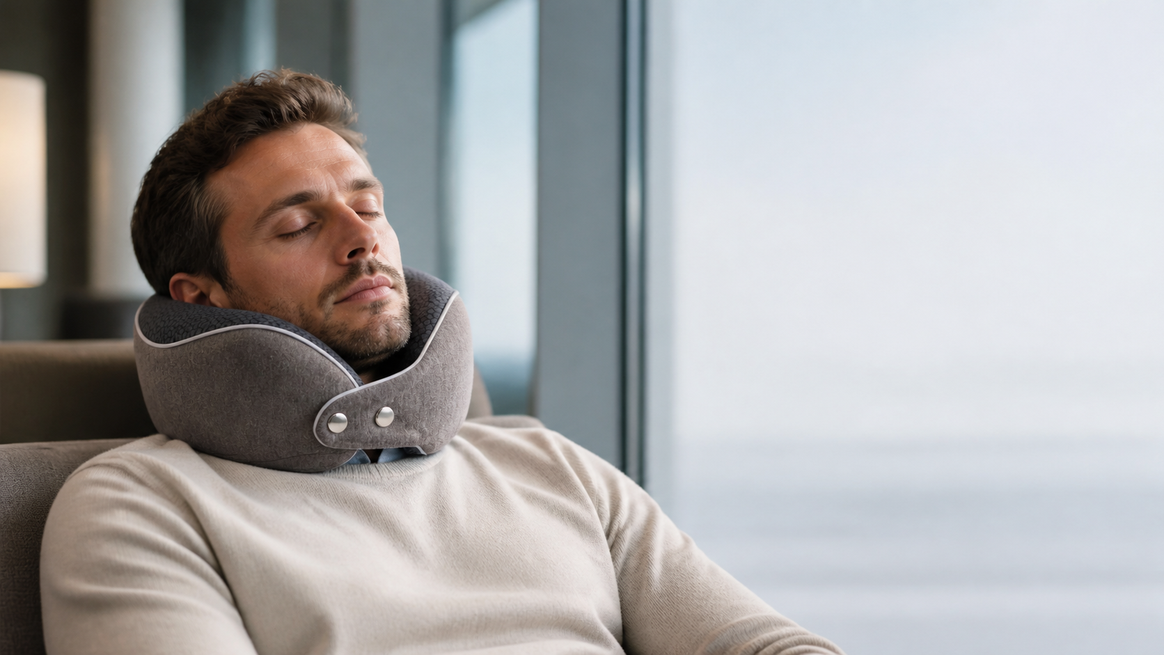 Foreign traveler resting in an airport lounge while wearing the grey wraparound travel neck pillow
